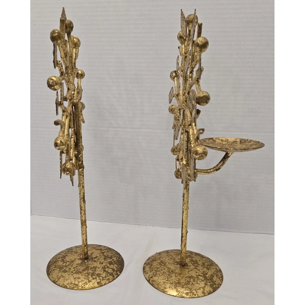 Pair of Intricate Vintage Gold Metal Tree of Life Candle Holders - Read Descrip
